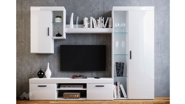 Секция Белмин модулни бяло гладко с бяло гланц - МебелМаг Секция Белмин модулни бяло гладко с бяло гланц