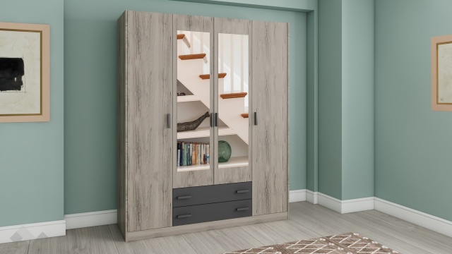 Гардероб Спирит четирикрилни малта с антрацит - МебелМаг Гардероб Спирит четирикрилни малта с антрацит