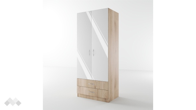 Гардероб Джеймс двукрилни сонома арвен с бял гланц - МебелМаг Гардероб Джеймс двукрилни сонома арвен с бял гланц