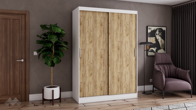 Гардероб Карлос с плъзгащи врати бял със златен дъб - МебелМаг Гардероб Карлос с плъзгащи врати бял със златен дъб