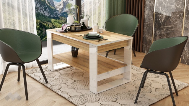 Холна маса Денвър разтегателни дъб евок с бял гланц - МебелМаг Холна маса Денвър разтегателни дъб евок с бял гланц