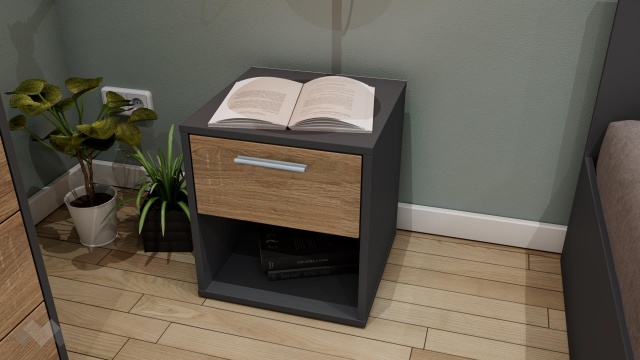 Нощен шкаф Жизел антрацит с дъб сонома - МебелМаг Нощен шкаф Жизел антрацит с дъб сонома