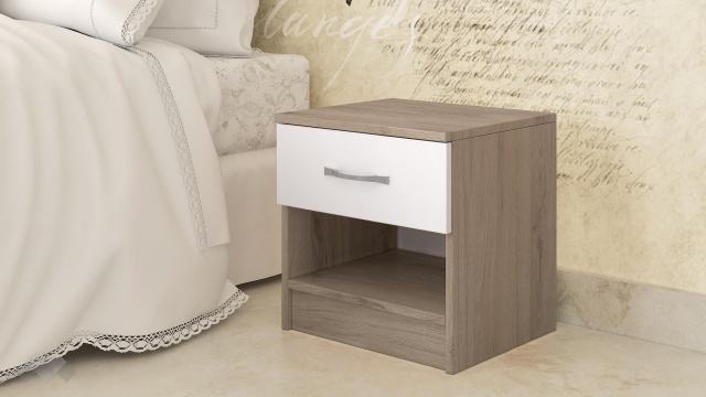 Нощен шкаф Кери сонома арвен с бял гланц - МебелМаг Нощен шкаф Кери сонома арвен с бял гланц