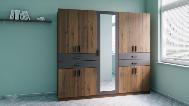 Гардероб Рос петкрилни дъб вотан с черно шагре - МебелМаг Гардероб Рос петкрилни дъб вотан с черно шагре