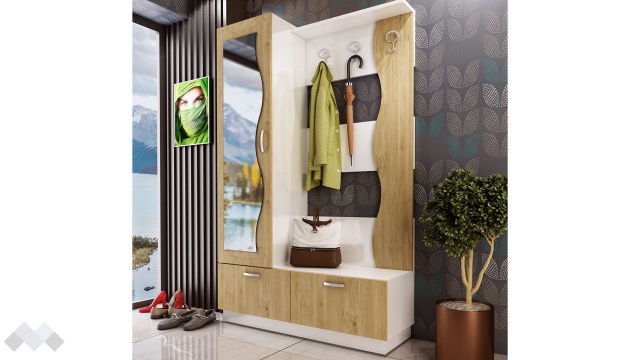 Портманто Сара бял гланц със златен дъб - МебелМаг Портманто Сара бял гланц със златен дъб