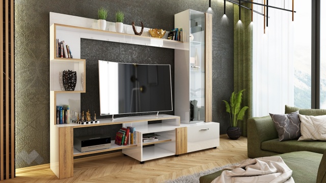 Секция Ава с витрина бял гланц с дъб евок - МебелМаг Секция Ава с витрина бял гланц с дъб евок