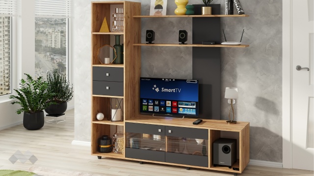 Секция Аверса с витрина златен дъб с антрацит - МебелМаг Секция Аверса с витрина златен дъб с антрацит