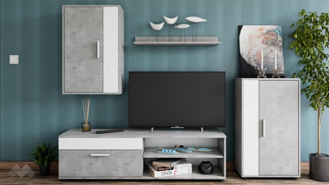 Секция Бърно модулни бетон с бяло - МебелМаг Секция Бърно модулни бетон с бяло