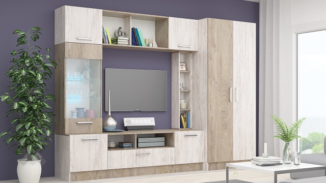 Секция Детройт с гардероб дъб бланко с дъб суров - МебелМаг Секция Детройт с гардероб дъб бланко с дъб суров