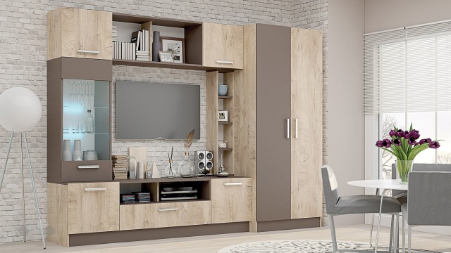 Секция Детройт с гардероб дъб елеганс с тъмно капучино - МебелМаг Секция Детройт с гардероб дъб елеганс с тъмно капучино