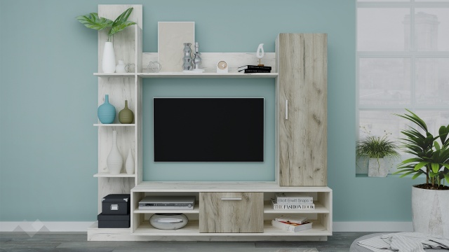 Секция Джеси с открити рафтове дъб крафт бял с дъб крафт сив - МебелМаг Секция Джеси с открити рафтове дъб крафт бял с дъб крафт сив