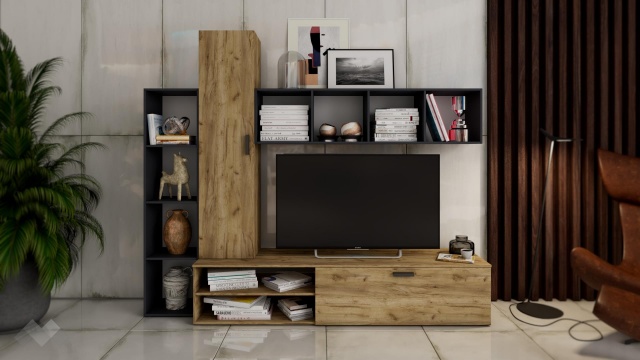 Секция Фреш с открити рафтове златен дъб и антрацит - МебелМаг Секция Фреш с открити рафтове златен дъб и антрацит