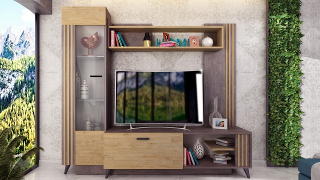 Секция Хана с витрина тъмен бетон със златен дъб - МебелМаг Секция Хана с витрина тъмен бетон със златен дъб