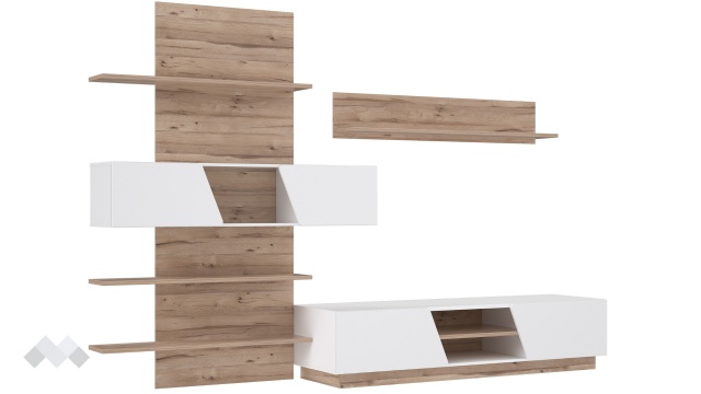 Секция Хулон с LED осветление дъб масина с бяло гланц - МебелМаг Секция Хулон с LED осветление дъб масина с бяло гланц