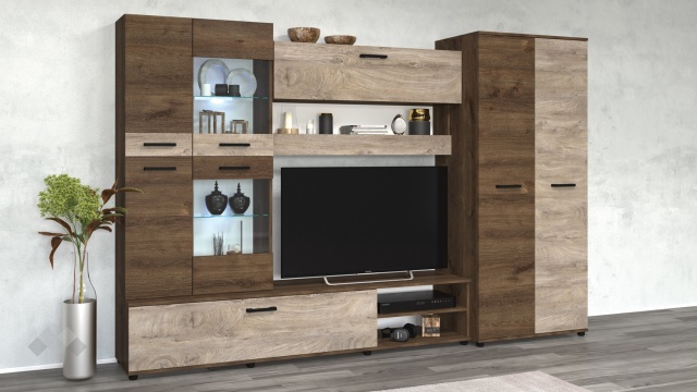 Секция Майли с LED осветление дъб бронз с дъб суров - МебелМаг Секция Майли с LED осветление дъб бронз с дъб суров