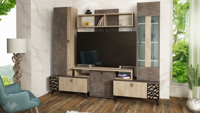 Секция Нола с витрина тъмен бетон с дъб суров - МебелМаг Секция Нола с витрина тъмен бетон с дъб суров