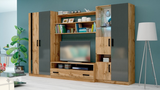 Секция Скарлет с гардероб дъб вотан светъл с антрацит гланц - МебелМаг Секция Скарлет с гардероб дъб вотан светъл с антрацит гланц