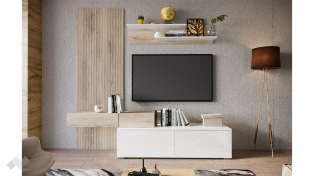 Секция Таласа с открити рафтове сонома арвен с бяло гланц - МебелМаг Секция Таласа с открити рафтове сонома арвен с бяло гланц