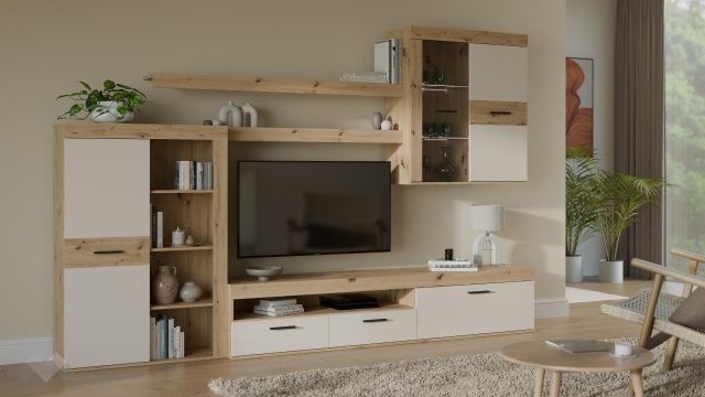 Секция Зумба с LED осветление дъб артисан с пясък - МебелМаг Секция Зумба с LED осветление дъб артисан с пясък