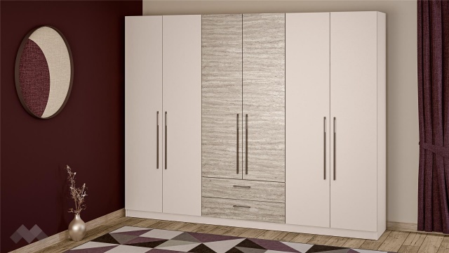 Гардероб Керина шесткрилни памучно бежов с травертин - МебелМаг Гардероб Керина шесткрилни памучно бежов с травертин