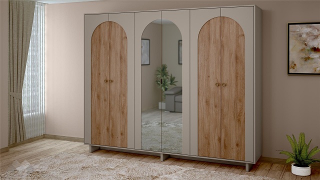 Гардероб Рена шесткрилни дъб кадис с пясъчен камък - МебелМаг Гардероб Рена шесткрилни дъб кадис с пясъчен камък