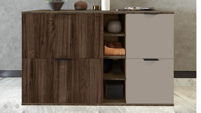 Шкаф за обувки Поситано дъб дилън тъмен с капучино мат и пасифик - МебелМаг Шкаф за обувки Поситано дъб дилън тъмен с капучино мат и пасифик