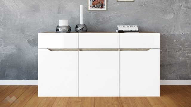 Скрин Бос бяло гланц с дъб сонома - МебелМаг Скрин Бос бяло гланц с дъб сонома