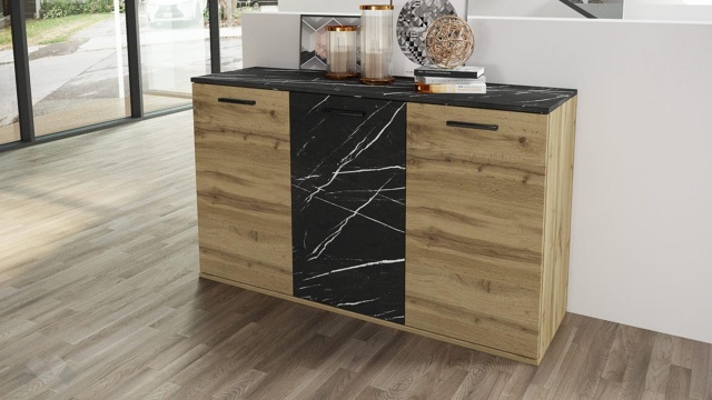 Скрин Кевин дъб дакота с мрамор - МебелМаг Скрин Кевин дъб дакота с мрамор