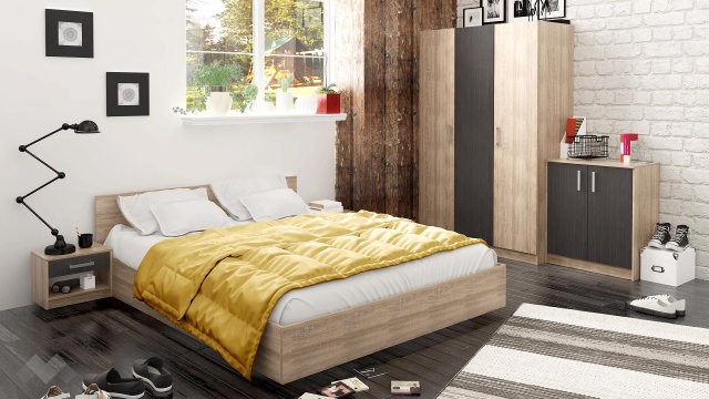 Спален комплект Ентърпрайс с включен матрак Бонел 160/200 дъб сонома с венге - МебелМаг Спален комплект Ентърпрайс с включен матрак Бонел 160/200 дъб сонома с венге