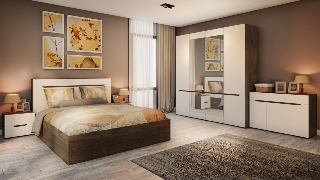 Спален комплект Санта Мария с включен матрак Бонел 160/200 орех адмирал със сатен - МебелМаг Спален комплект Санта Мария с включен матрак Бонел 160/200 орех адмирал със сатен