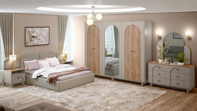 Спален комплект Рена дъб кадис с пясъчен камък - МебелМаг Спален комплект Рена дъб кадис с пясъчен камък