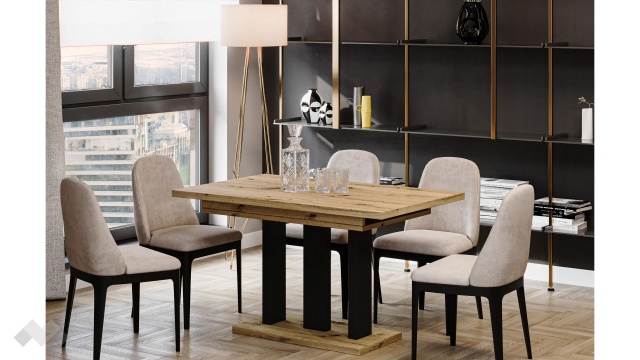 Трапезна маса Апиа разтегателни дъб артисан с черно - МебелМаг Трапезна маса Апиа разтегателни дъб артисан с черно