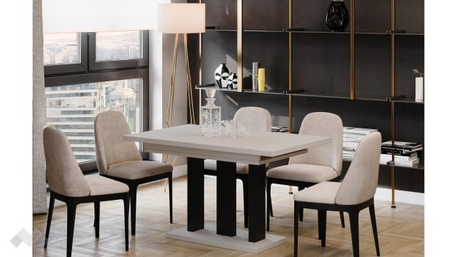 Трапезна маса Апиа разтегателни кашмир с черно - МебелМаг Трапезна маса Апиа разтегателни кашмир с черно