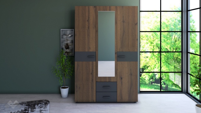 Гардероб Дани трикрилни дъб вотан с черно шагре - МебелМаг Гардероб Дани трикрилни дъб вотан с черно шагре