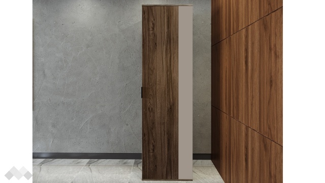 Висок шкаф Поситано дъб дилън тъмен с капучино мат и пасифик - МебелМаг Висок шкаф Поситано дъб дилън тъмен с капучино мат и пасифик