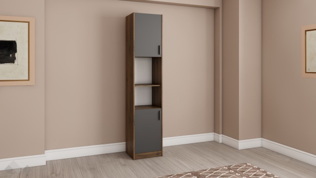 Висок шкаф с две врати Хироу с открити рафтове дъб вотан с черно шагре - МебелМаг Висок шкаф с две врати Хироу с открити рафтове дъб вотан с черно шагре