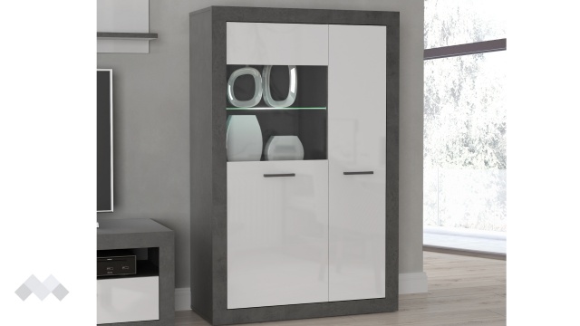 Висок шкаф с две врати Требия с витрина сиво с бял гланц - МебелМаг Висок шкаф с две врати Требия с витрина сиво с бял гланц