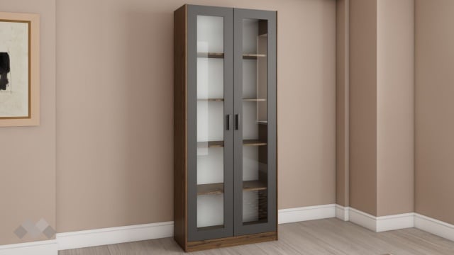 Висок шкаф с витрина Хироу с витрина дъб вотан с черно шагре - МебелМаг Висок шкаф с витрина Хироу с витрина дъб вотан с черно шагре