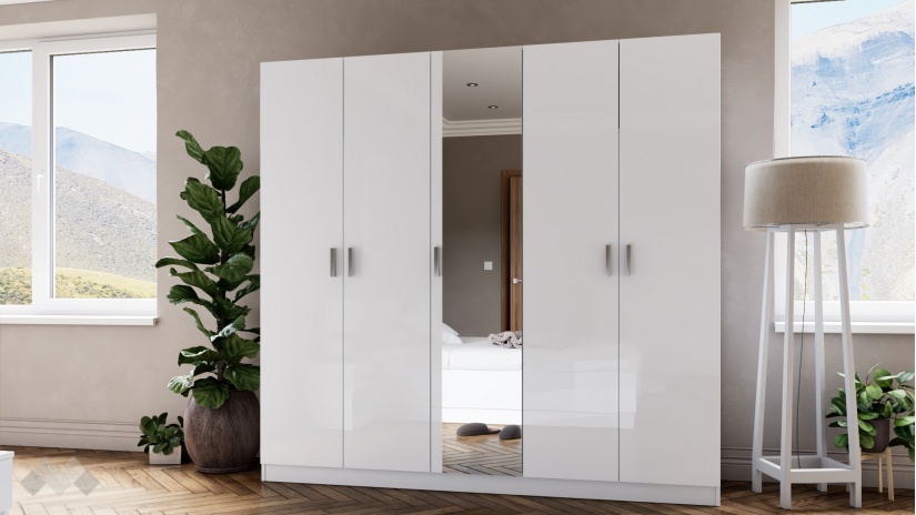 Гардероб Шайн петкрилни бял гланц с бяло - изглед 2 - МебелМаг Гардероб Шайн петкрилни бял гланц с бяло - изглед 2
