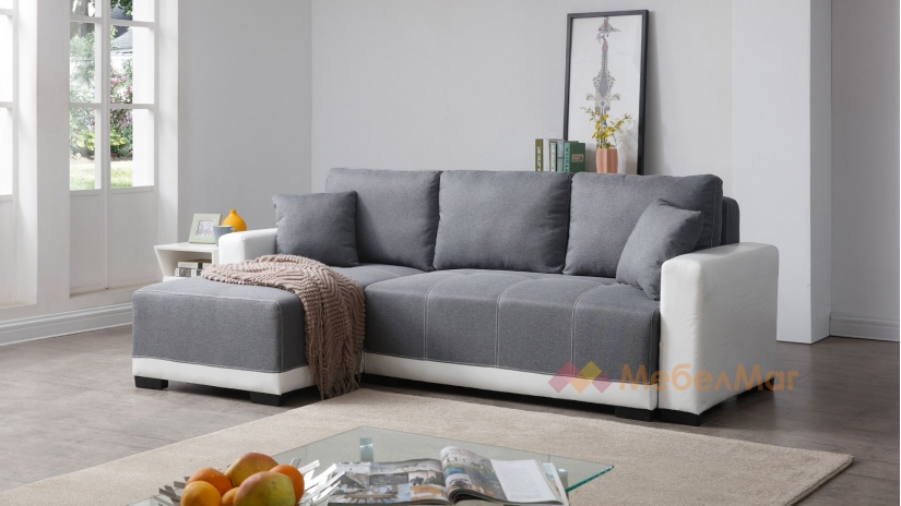 Ъглов диван Дъглас с посока сив с бяла кожа - изглед 1 - МебелМаг Ъглов диван Дъглас с посока сив с бяла кожа - изглед 1