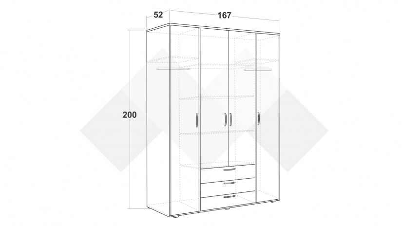 Гардероб Жизел четирикрилни бяло гладко с дъб сонома - изглед 3