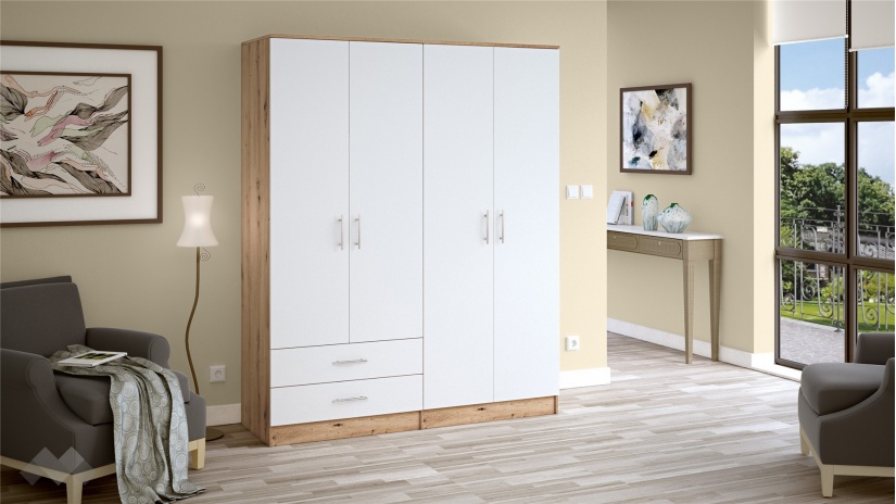 Гардероб Леонард четирикрилни артизан с бяло - изглед 1 - МебелМаг Гардероб Леонард четирикрилни артизан с бяло - изглед 1