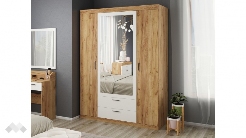 Гардероб Моник четирикрилни златен дъб с бяло - изглед 1 - МебелМаг Гардероб Моник четирикрилни златен дъб с бяло - изглед 1