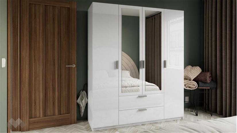 Гардероб Шайн четирикрилни бял гланц с бяло - изглед 1 - МебелМаг Гардероб Шайн четирикрилни бял гланц с бяло - изглед 1