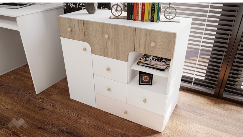 Детски спален комплект Роуз с включен матрак Бонел 90/200 бяло гладко, златно розово и сонома - изглед 7 - МебелМаг Детски спален комплект Роуз с включен матрак Бонел 90/200 бяло гладко, златно розово и сонома - изглед 7