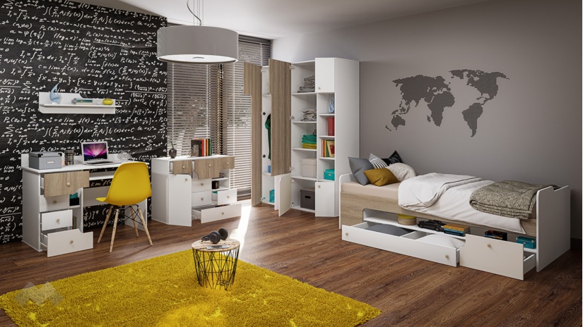 Детски спален комплект Роуз с включен матрак Бонел 90/200 бяло гладко, златно розово и сонома - изглед 2 - МебелМаг Детски спален комплект Роуз с включен матрак Бонел 90/200 бяло гладко, златно розово и сонома - изглед 2