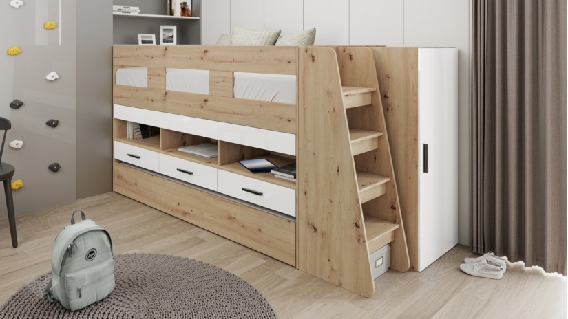 Двуетажно легло Франк с включени матраци Бонел 90/200 дъб артисан с бял гланц - изглед 1 - МебелМаг Двуетажно легло Франк с включени матраци Бонел 90/200 дъб артисан с бял гланц - изглед 1