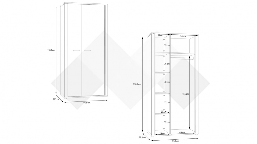 Гардероб Дейлос двукрилни дъб валенсия с крем - изглед 6
