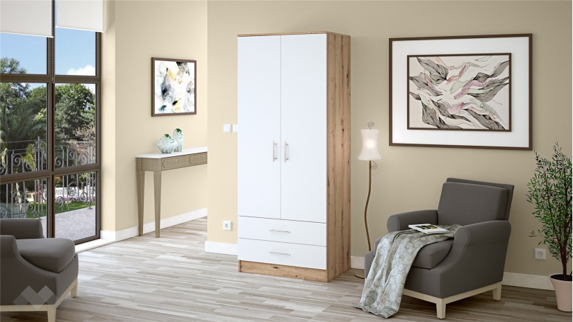 Гардероб Леонард двукрилни артизан с бяло - изглед 1 - МебелМаг Гардероб Леонард двукрилни артизан с бяло - изглед 1