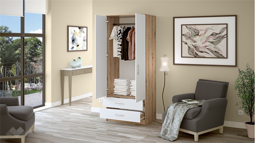 Гардероб Леонард двукрилни артизан с бяло - изглед 2 - МебелМаг Гардероб Леонард двукрилни артизан с бяло - изглед 2